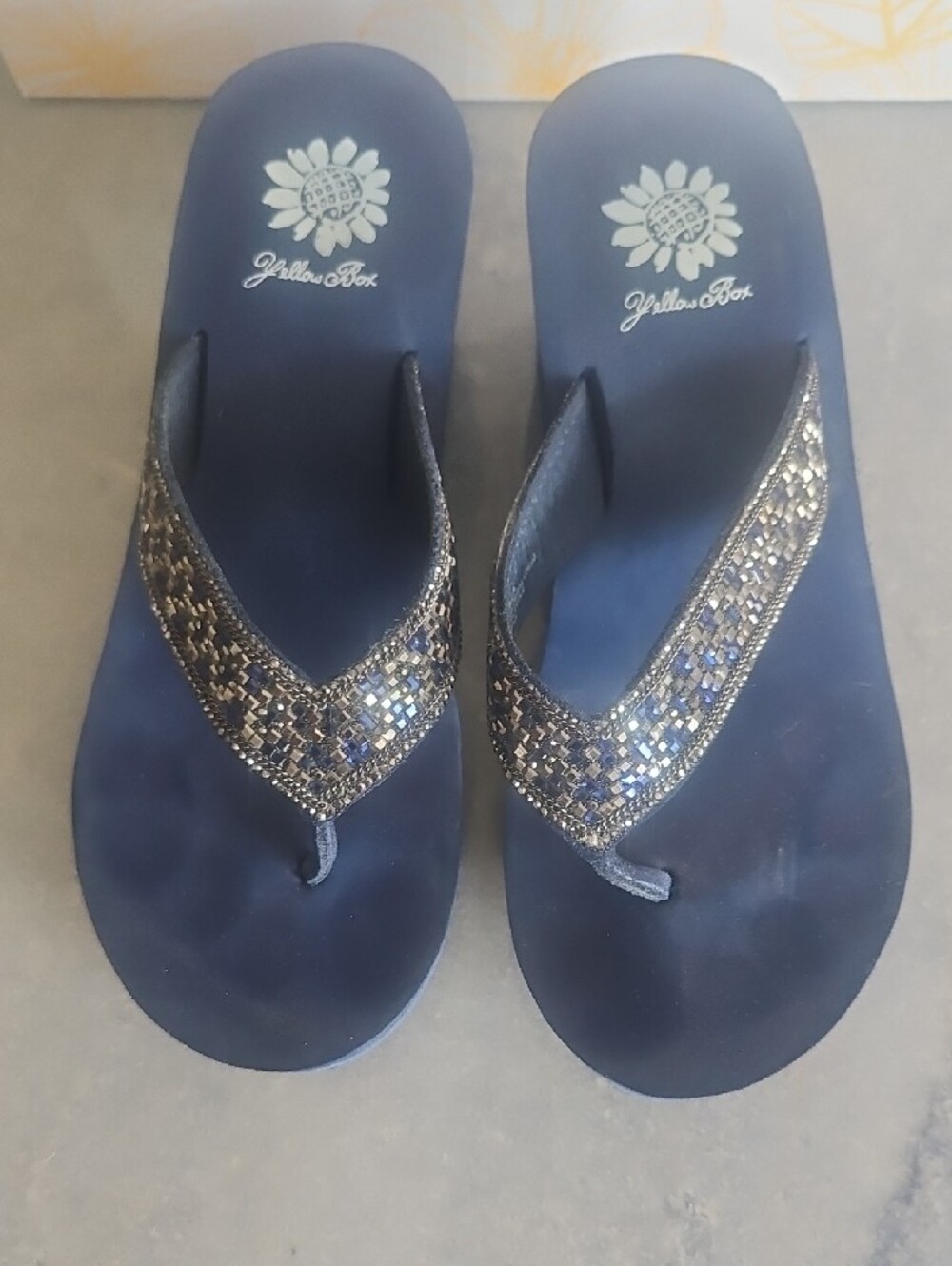 Yellow Box Navy Beaded Wedge Thong Sandals - Picture 8 of 10